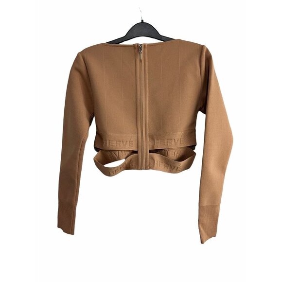 Herve Leger Long Sleeve Scoop Neck Crop Top Sun Beige NWT Small - Picture 7 of 12